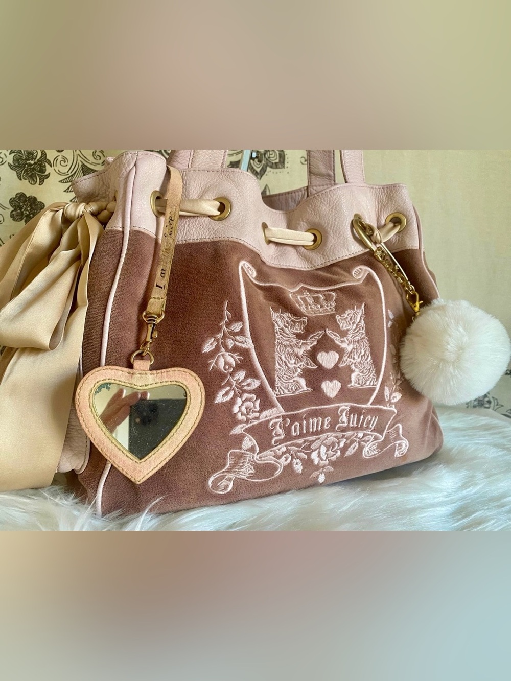 Juicy Couture Daydreamer Blush Pink Suede Shoulder Bag with Heart Mirror Charm